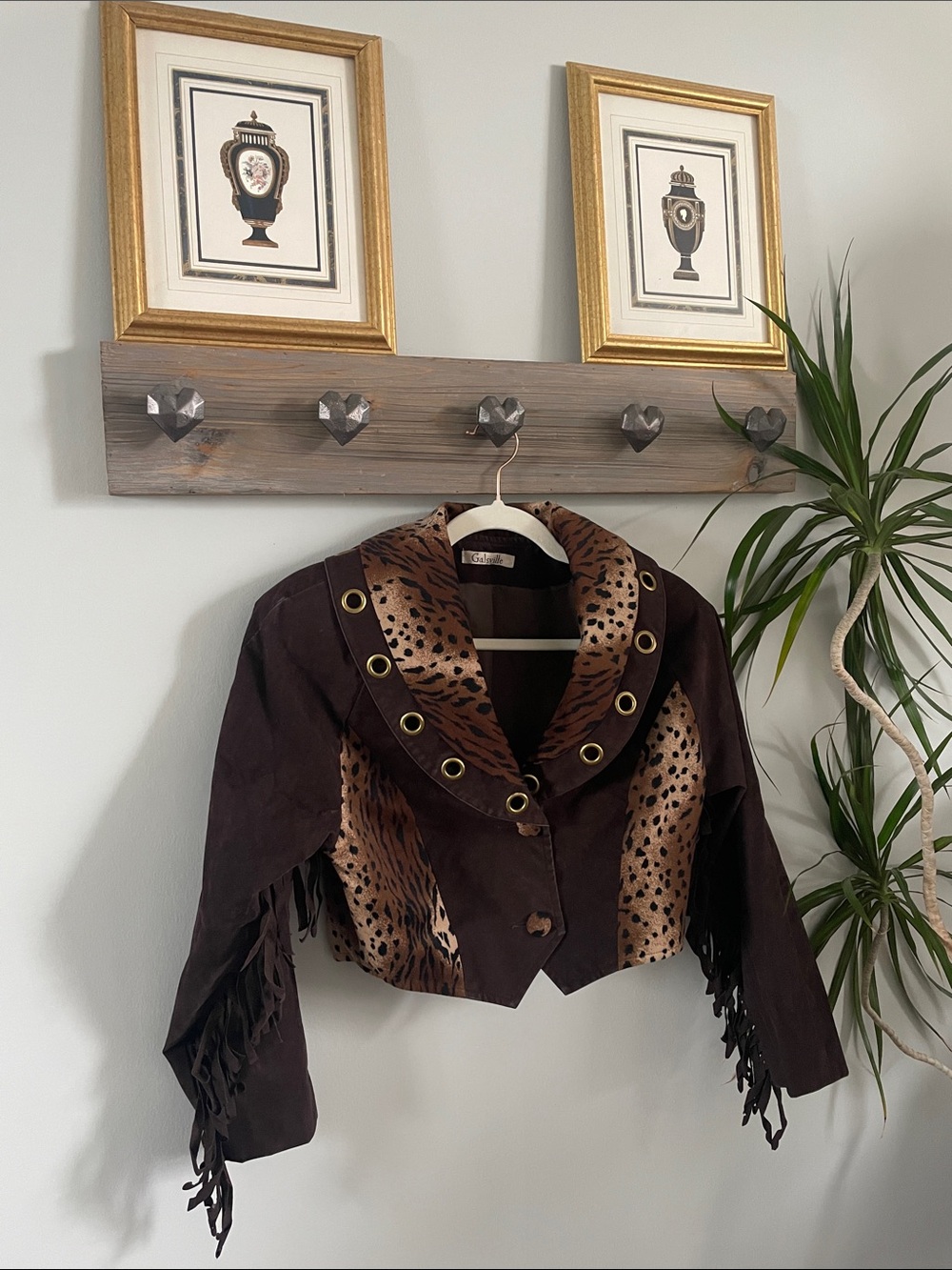 Galsville Brown Suede Fringe Jacket with Leopard Trim